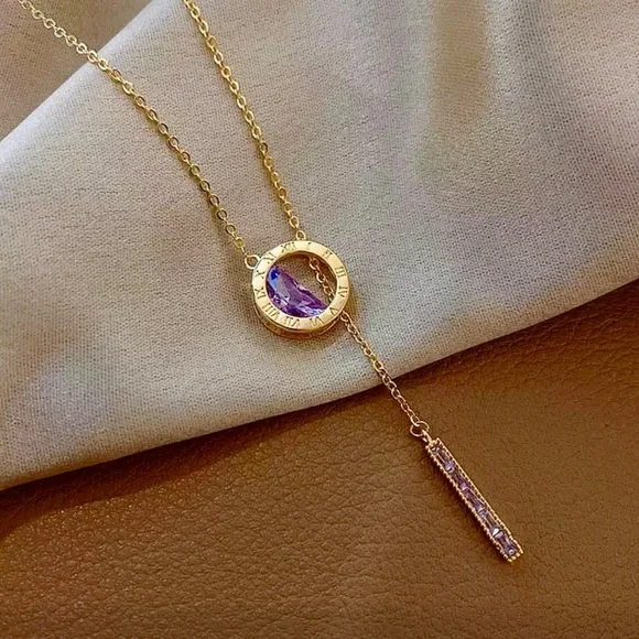 🆕 Stunning 18k Amethyst Roman Numeral Engraved Barrel Lariat Necklace NWT - Picture 7 of 14